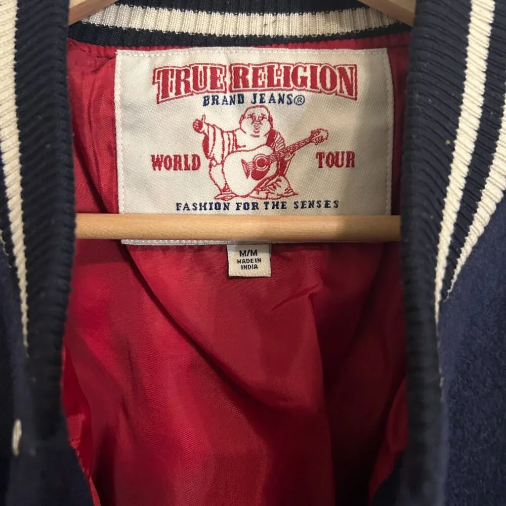 True Religion Varsity Letterman Jacket Wool Blend Snap Front Y2K Streetwear - Picture 9 of 12
